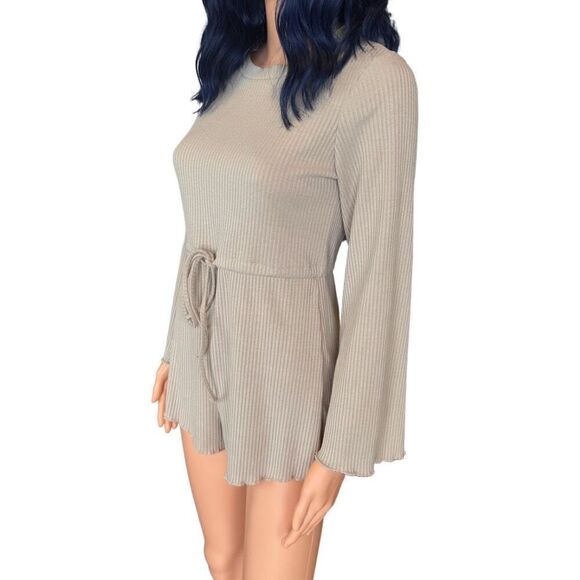 Princess Polly Aiken Long Bell Sleeve Ribbed Boho Beige Romper - Picture 4 of 8